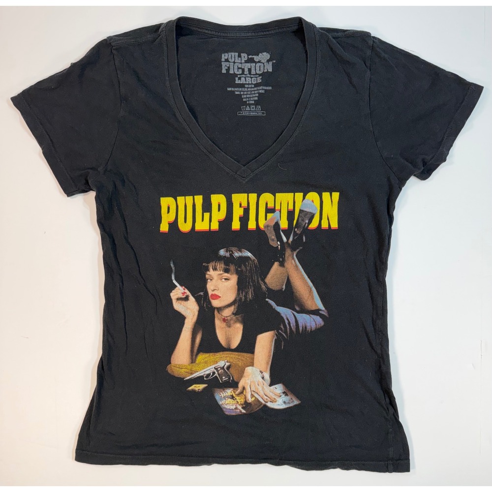 Pulp Fiction Mia Wallace Graphic T-Shirt Black V-Neck Large Movie Tee 2018